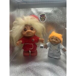 Vintage Thomas Dam Troll Dolls Set 1980 1986 Red Felt Suit Striped Nightgown